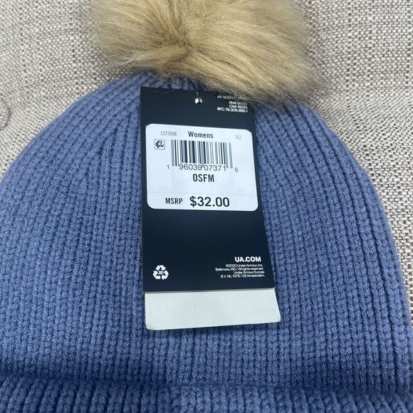 NWT Under Armour Women's Blue Pom Winter Ribbed Hat One Size Fits Most Beanie - Picture 3 of 5